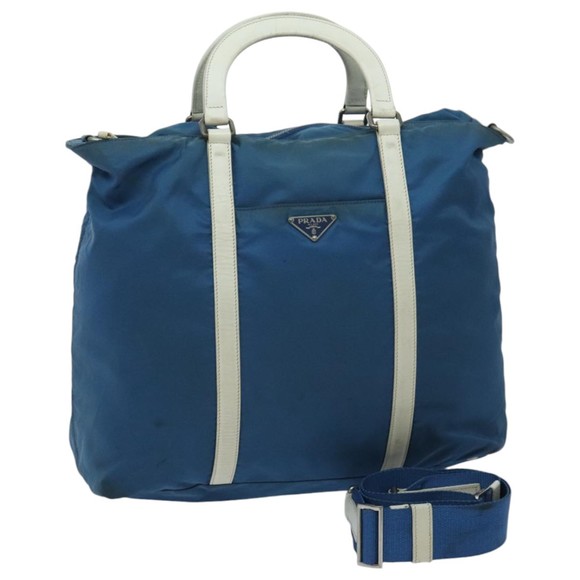 PRADA Hand Bag Nylon Leather 2way Blue White Silver Auth fm3972 - Picture 1 of 16
